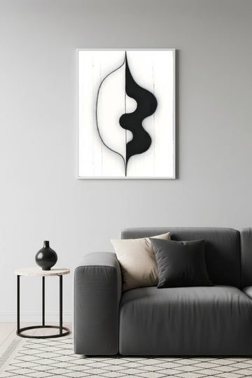 Beyaz Ahşap Çerçeveli Soyut Siyah-Beyaz Desenli Tablo - Minimal | Huhu1193