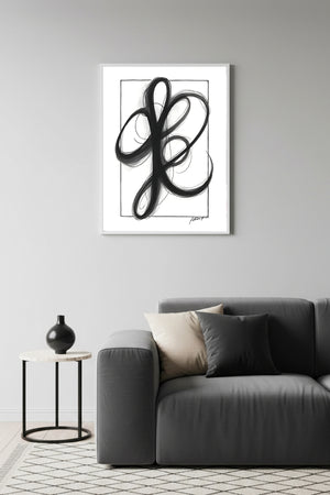 Beyaz Ahşap Çerçeveli Minimal Siyah Desenli Tablo - Soyut | Huhu1202