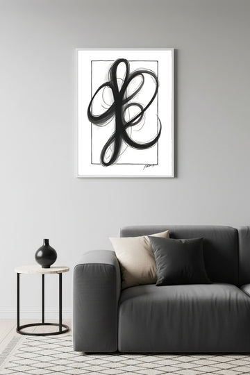 Beyaz Ahşap Çerçeveli Minimal Siyah Desenli Tablo - Soyut | Huhu1202