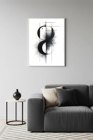 Beyaz Ahşap Çerçeveli Soyut Minimal Desenli Tablo - Siyah-Beyaz | Huhu1207