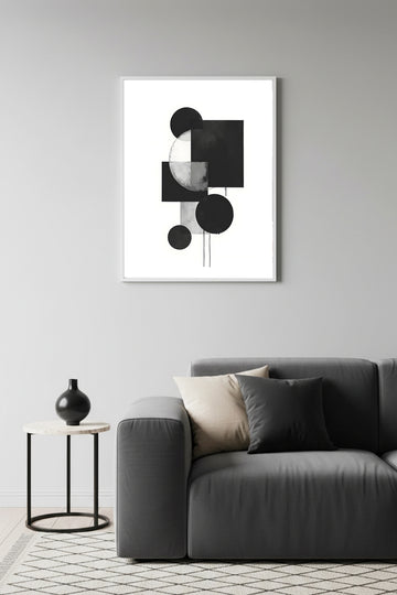 Beyaz Ahşap Çerçeveli Soyut Geometrik Desenli Tablo - Siyah-Beyaz | Huhu1208