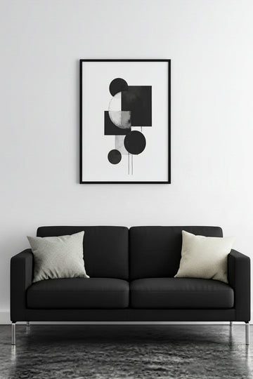 Doğal Ahşap Çerçeveli Soyut Geometrik Desenli Tablo - Siyah-Beyaz | huhu1208