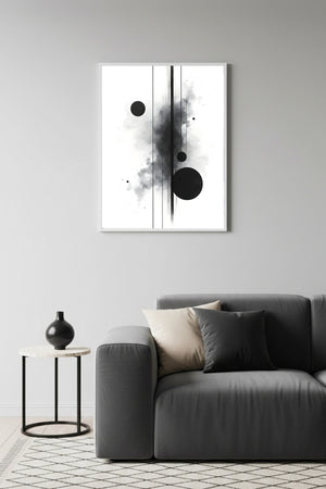 Beyaz Ahşap Çerçeveli Soyut Siyah-Beyaz Desenli Tablo - Minimal | Huhu1218
