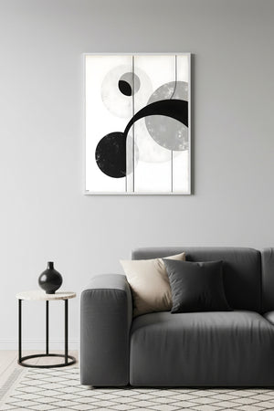 Beyaz Ahşap Çerçeveli Geometrik Siyah Beyaz Desenli Tablo - Modern | Huhu1224