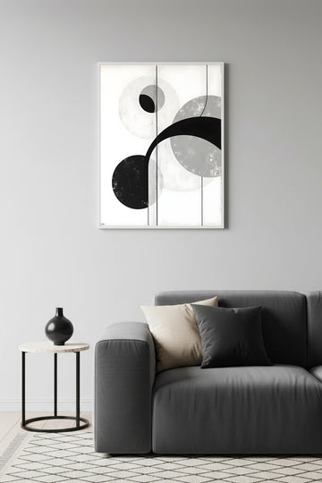 Beyaz Ahşap Çerçeveli Geometrik Siyah Beyaz Desenli Tablo - Modern | Huhu1224