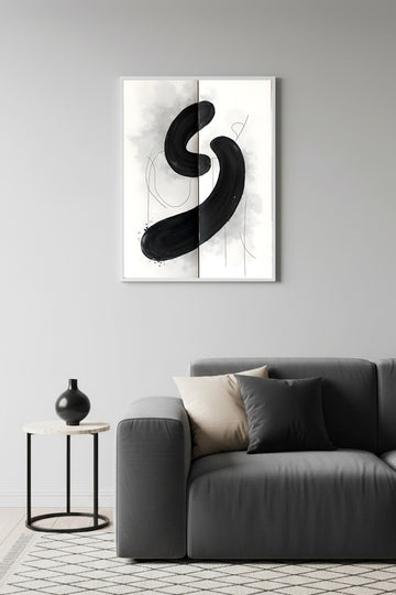 Beyaz Ahşap Çerçeveli Soyut Siyah Desenli Tablo - Minimal | Huhu1244