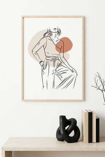 Doğal Ahşap Çerçeveli Minimal Çizgi Desenli Tablo - Pastel Tonlar | huhu1268