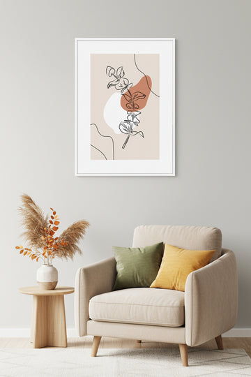 Beyaz Ahşap Çerçeveli Minimal Çiçek Desenli Tablo - Pastel Tonlar | Huhu1269