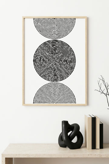 Doğal Ahşap Çerçeveli Geometrik Desenli Tablo - Siyah Beyaz | huhu1584