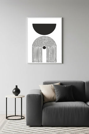 Beyaz Ahşap Çerçeveli Minimal Geometrik Desenli Tablo - Siyah-Beyaz | Huhu1585