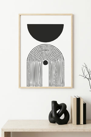 Doğal Ahşap Çerçeveli Minimal Geometrik Desenli Tablo - Siyah-Beyaz | huhu1585