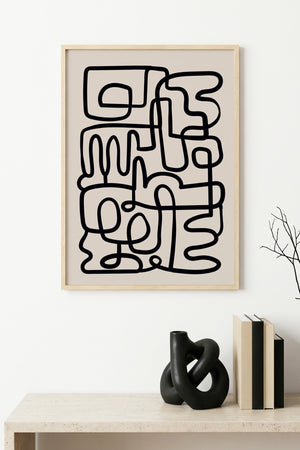 Doğal Ahşap Çerçeveli Minimal Çizgisel Desenli Tablo - Pastel | huhu1615