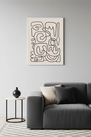 Beyaz Ahşap Çerçeveli Minimal Line Art Tablo - Soyut Tema | Huhu1616