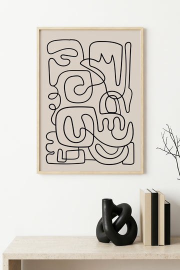 Doğal Ahşap Çerçeveli Minimal Line Art Tablo - Soyut Tema | huhu1616