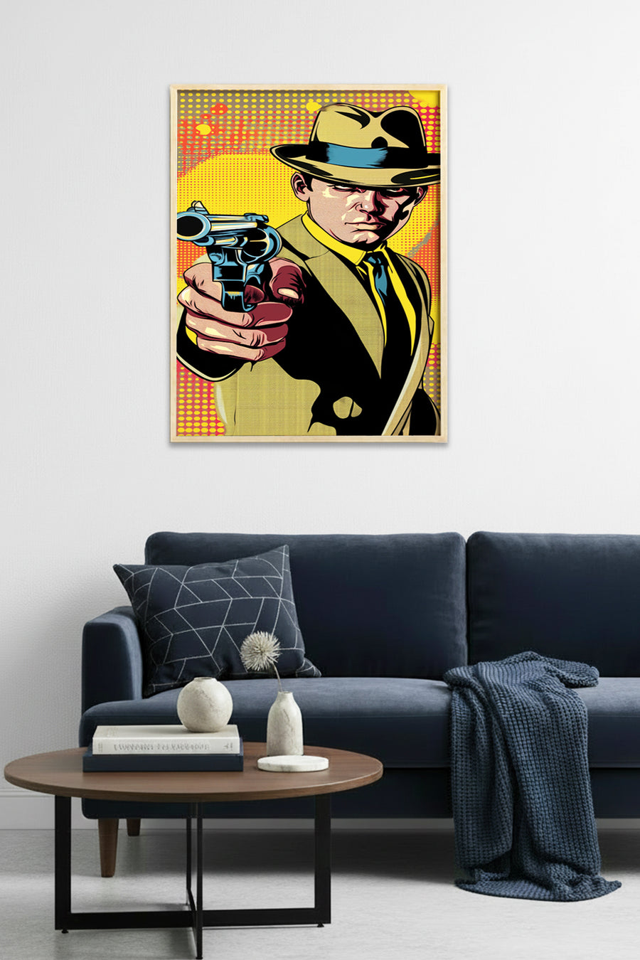 Doğal Ahşap Çerçeveli Pop Art Desenli Tablo - Noir Tarz | Sarı-Siyah | huhu1747