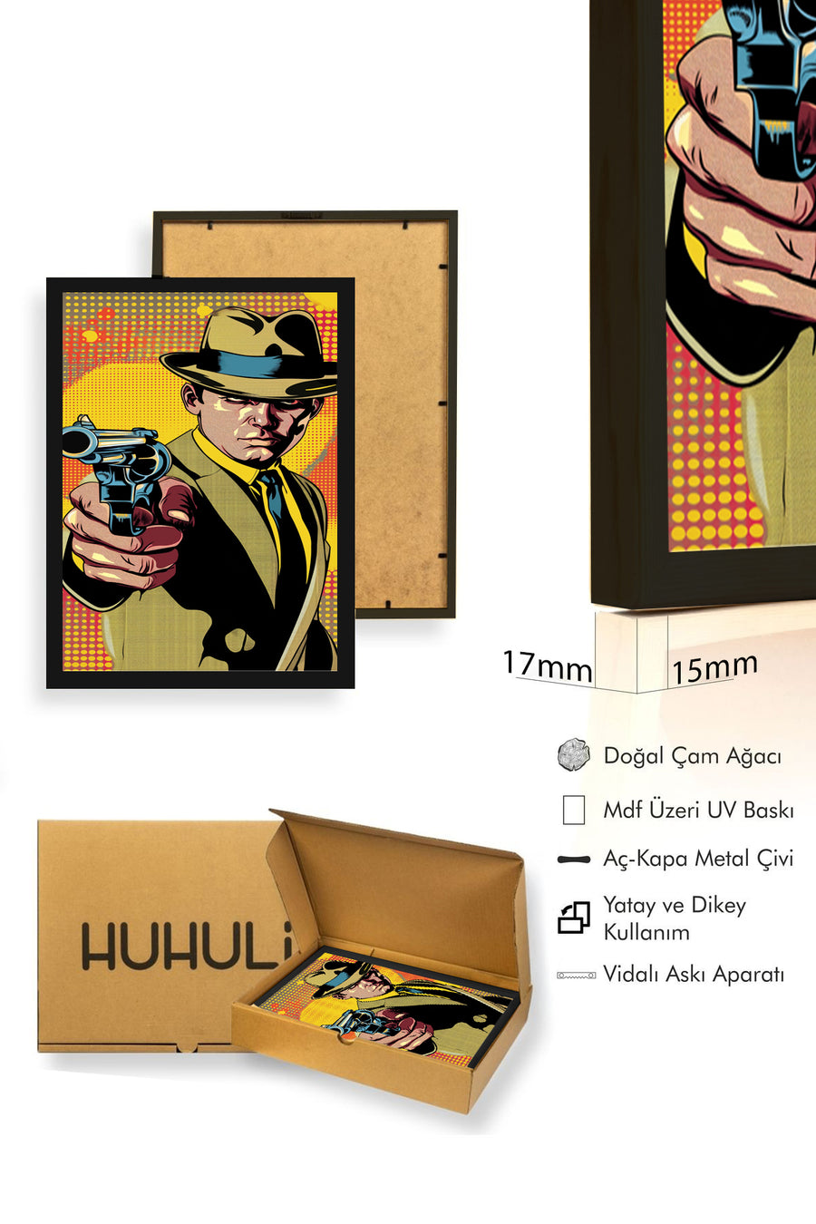 Doğal Ahşap Çerçeveli Pop Art Desenli Tablo - Noir Tarz | Sarı-Siyah | huhu1747