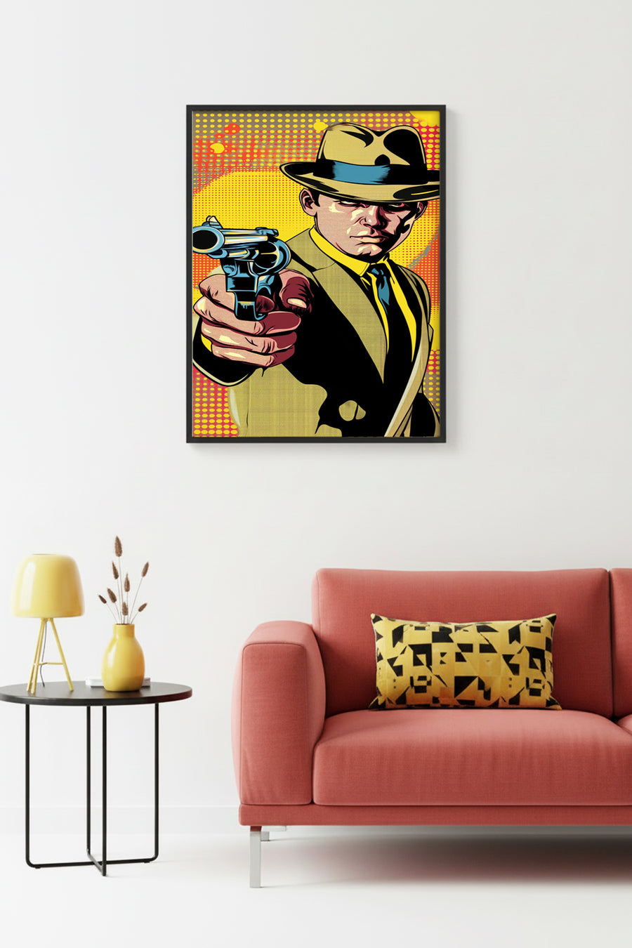 Doğal Ahşap Çerçeveli Pop Art Desenli Tablo - Noir Tarz | Sarı-Siyah | huhu1747
