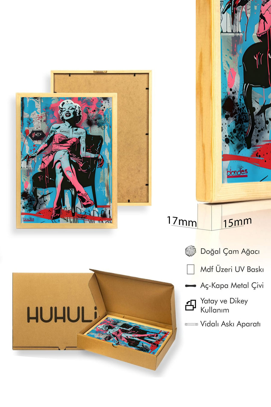 Doğal Ahşap Çerçeveli Grafik Desenli Tablo - Pembe Siyah Pop Art | huhu1753