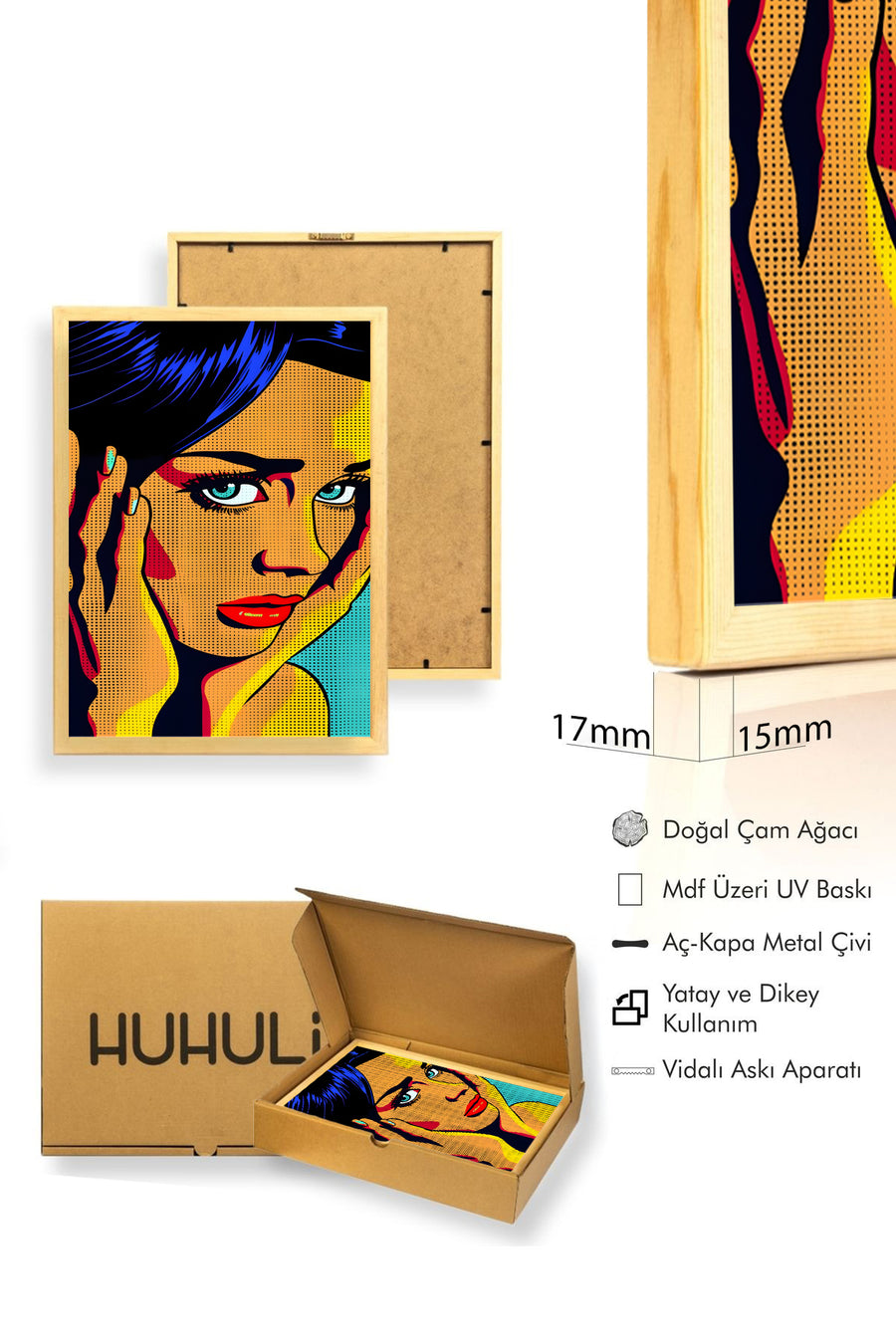 Doğal Ahşap Çerçeveli Pop Art Grafik Desenli Tablo - Sarı-Siyah | huhu1755