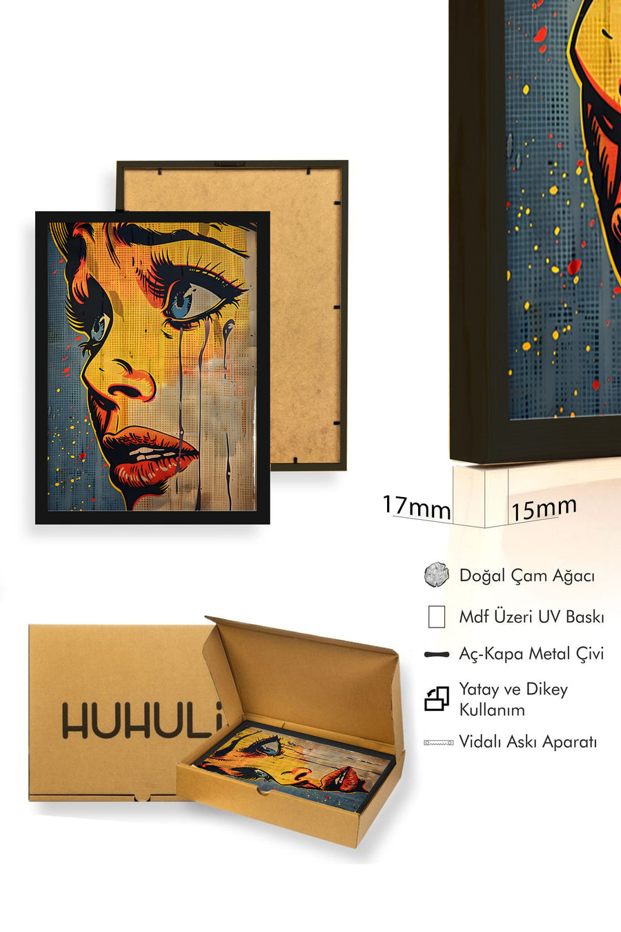 Doğal Ahşap Çerçeveli Grafik Desenli Tablo - Canlı Tonlar | huhu1756