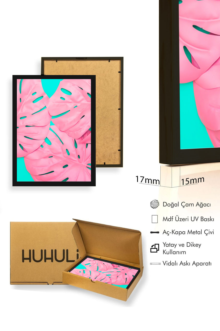 Doğal Ahşap Çerçeveli Tropikal Yaprak Desenli Tablo - Pembe | huhu1758