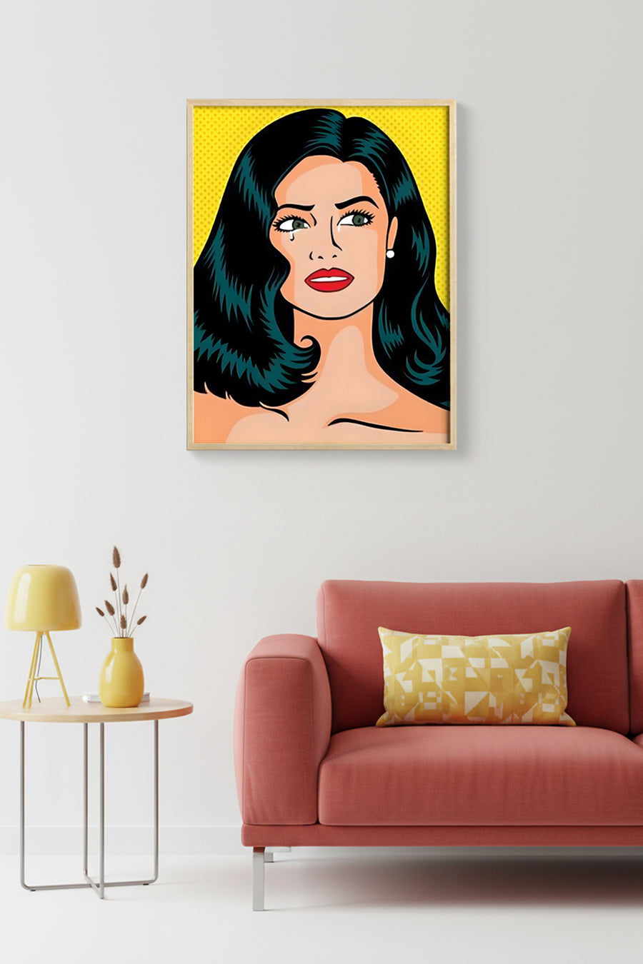 Doğal Ahşap Çerçeveli Pop Art Kadın Portresi Tablo - Sarı Tonlar | huhu1763