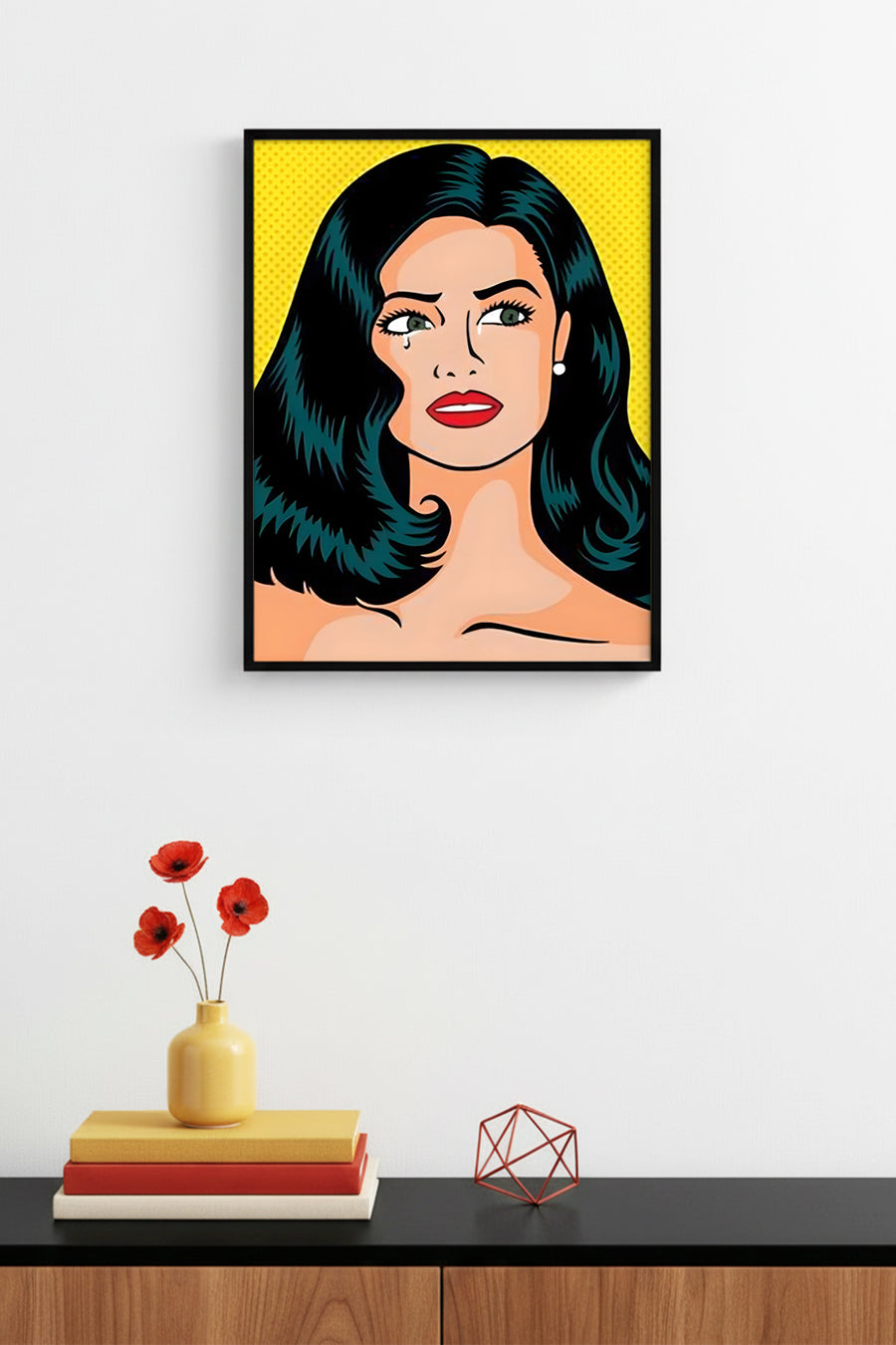 Doğal Ahşap Çerçeveli Pop Art Kadın Portresi Tablo - Sarı Tonlar | huhu1763
