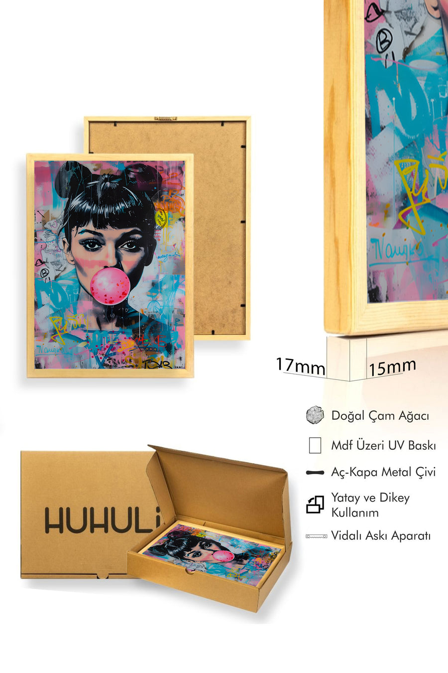 Doğal Ahşap Çerçeveli Pop Art Desenli Tablo - Canlı Tonlar | huhu1769