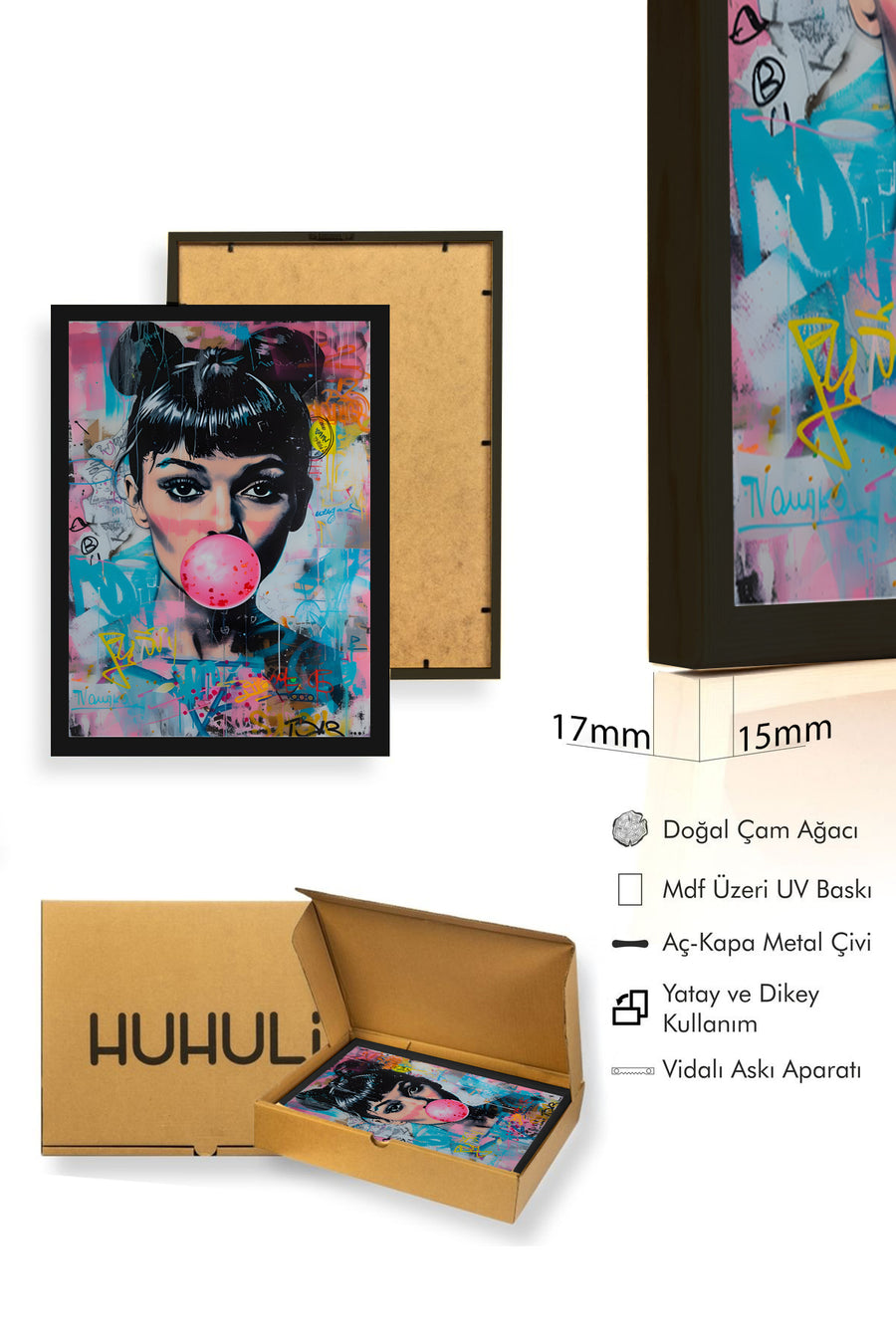 Doğal Ahşap Çerçeveli Pop Art Desenli Tablo - Canlı Tonlar | huhu1769