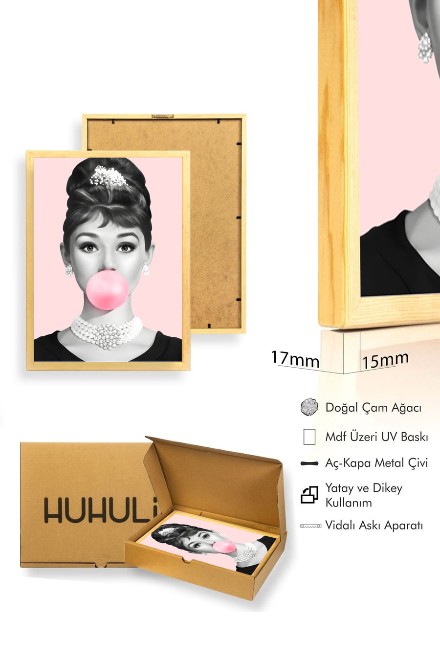 Doğal Ahşap Çerçeveli Minimal Desenli Tablo - Pembe-Beyaz | huhu1777