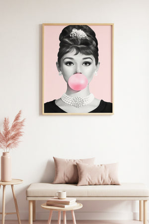 Doğal Ahşap Çerçeveli Minimal Desenli Tablo - Pembe-Beyaz | huhu1777