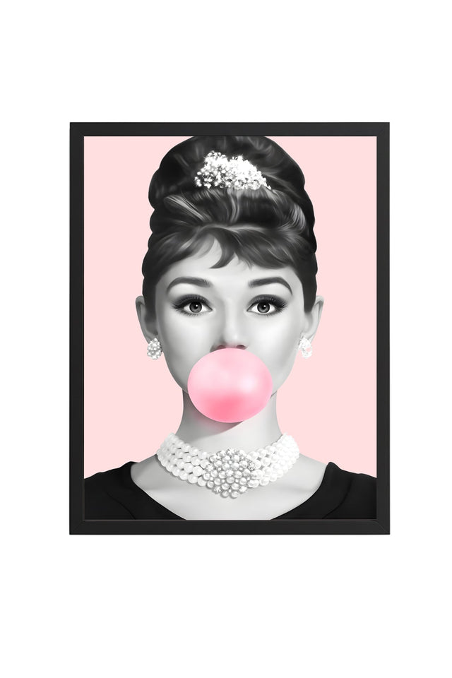 Doğal Ahşap Çerçeveli Minimal Desenli Tablo - Pembe-Beyaz | huhu1777
