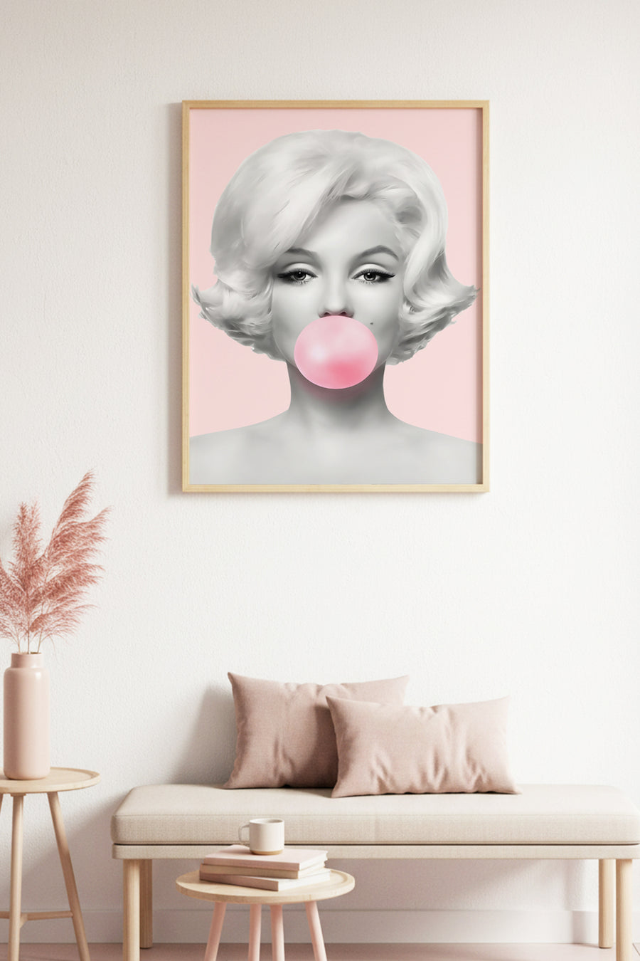 Doğal Ahşap Çerçeveli Portre Tablo - Minimalistik Gri Pembe Tonlar | huhu1780
