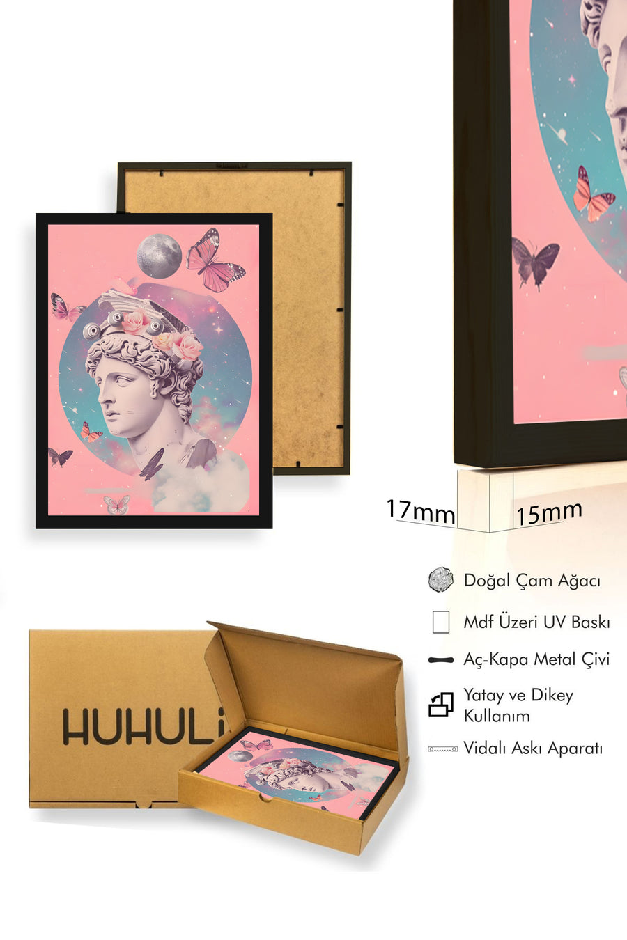 Doğal Ahşap Çerçeveli Rüya Temalı Sanatsal Tablo - Pembe Tonlar | huhu1782