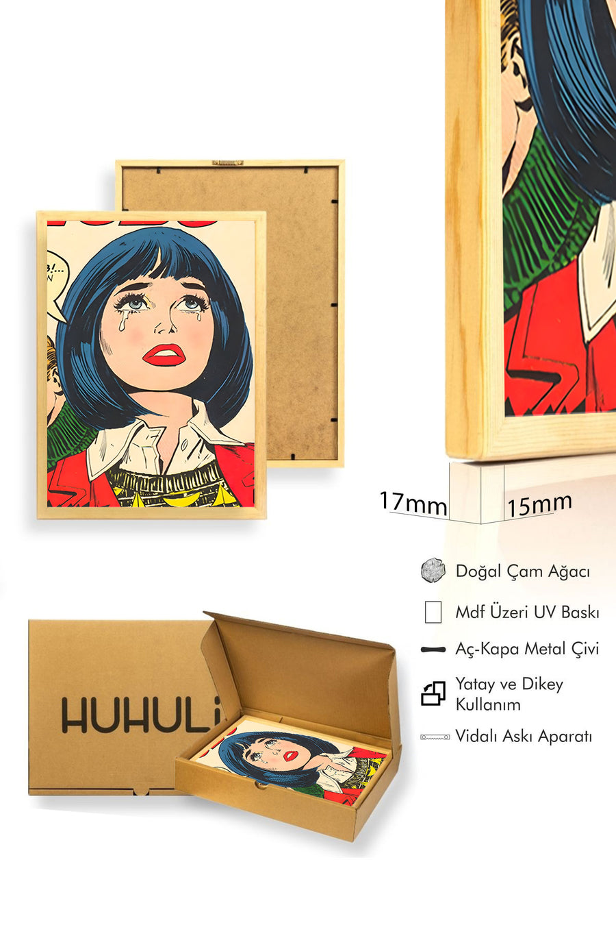 Doğal Ahşap Çerçeveli Pop Art Portre Desenli Tablo - Retro Tarz | huhu1783