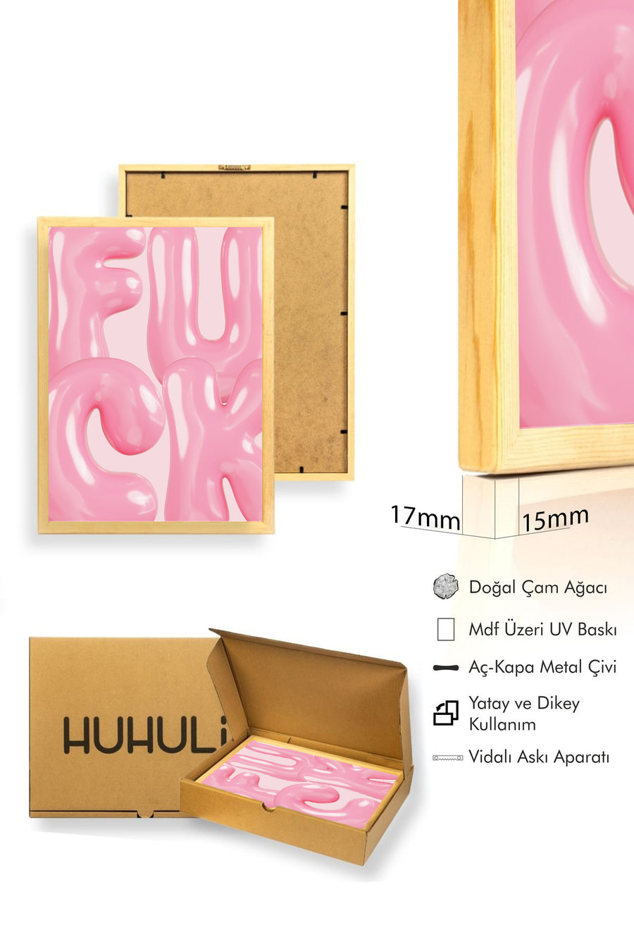 Doğal Ahşap Çerçeveli Pembe Harf Tablo - Modern Pop Art Baskı | huhu1785