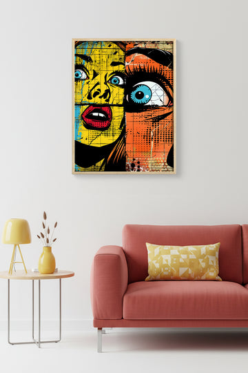 Doğal Ahşap Çerçeveli Soyut Pop Art Desenli Tablo - Sarı-Mavi | huhu1787