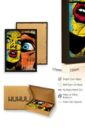 Doğal Ahşap Çerçeveli Soyut Pop Art Desenli Tablo - Sarı-Mavi | huhu1787