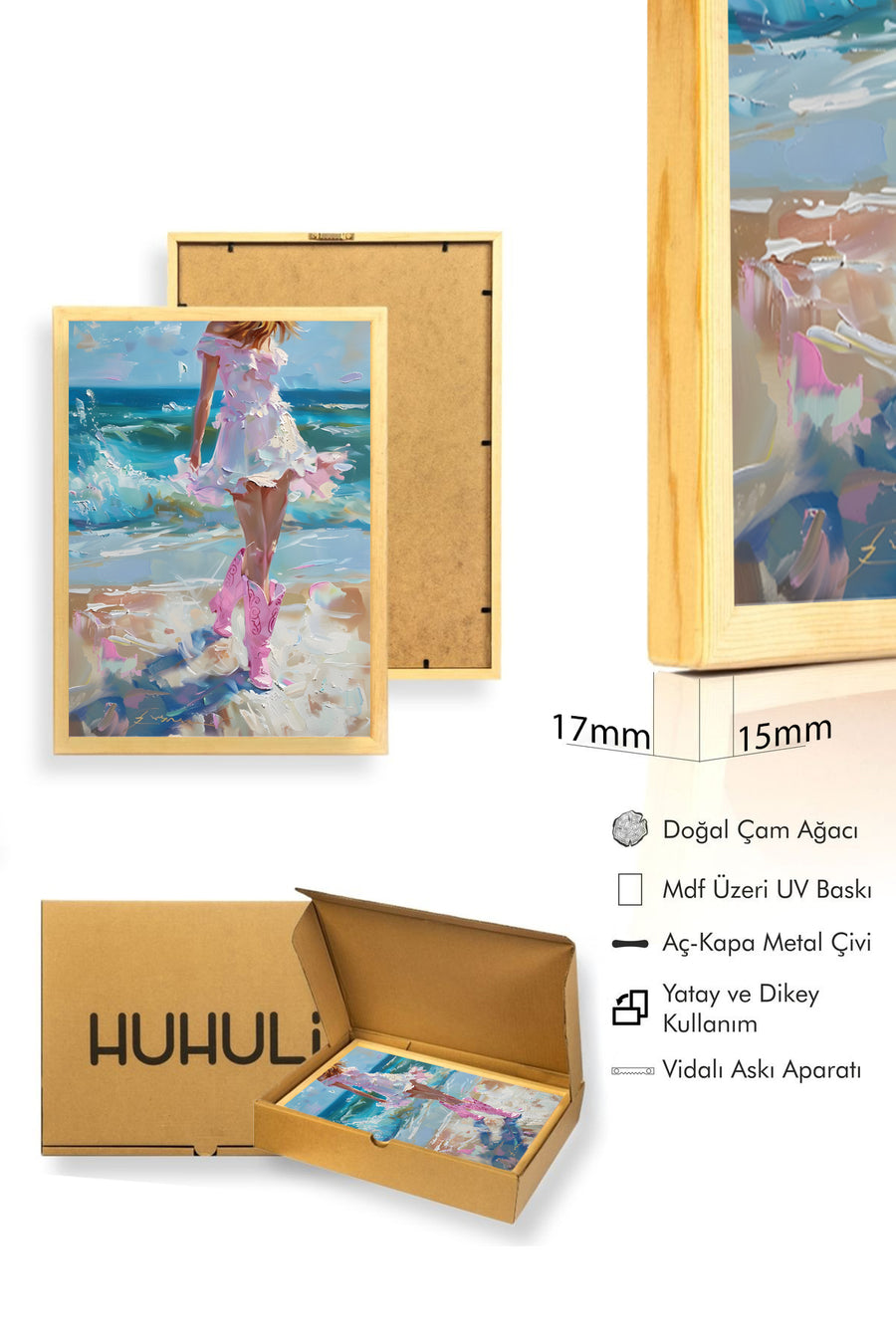 Doğal Ahşap Çerçeveli Figüratif Desenli Tablo - Turkuaz Yaz | huhu1794