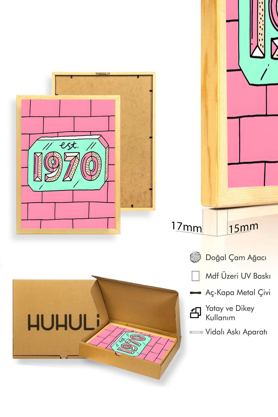 Doğal Ahşap Çerçeveli Retro Desenli Tablo - Pastel Tonlar | huhu1795