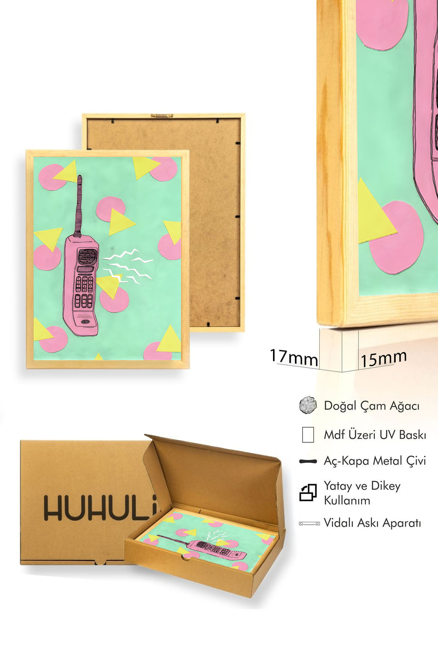 Doğal Ahşap Çerçeveli Pop Art Telefon Çizimi Tablo - Pembe Tonlar | huhu1799