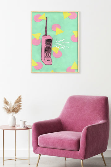 Doğal Ahşap Çerçeveli Pop Art Telefon Çizimi Tablo - Pembe Tonlar | huhu1799