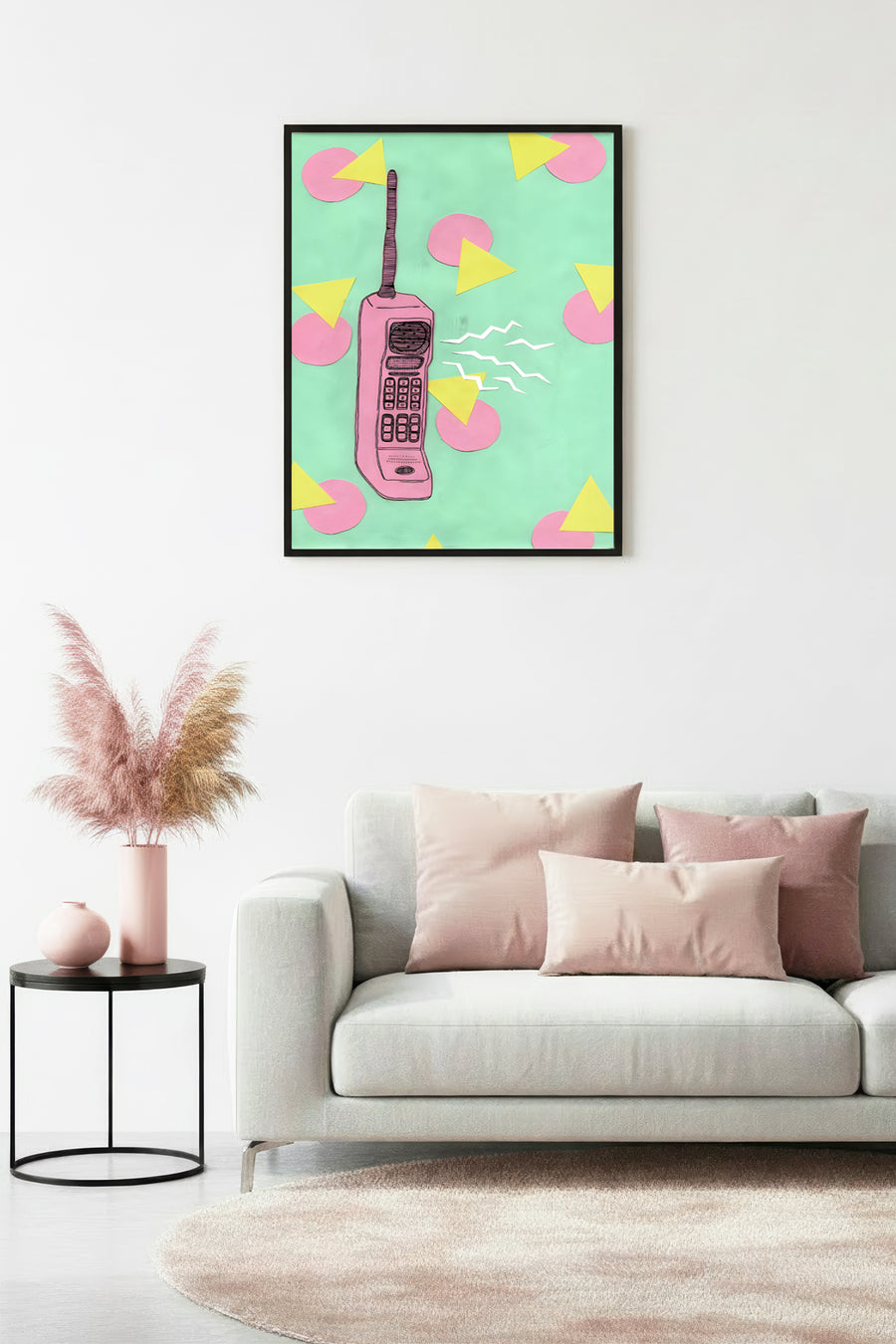 Doğal Ahşap Çerçeveli Pop Art Telefon Çizimi Tablo - Pembe Tonlar | huhu1799