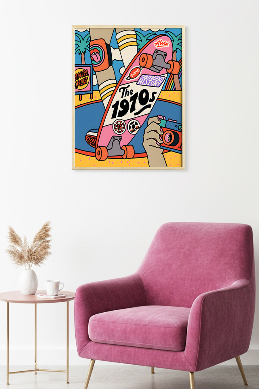 Doğal Ahşap Çerçeveli Retro Grafik Desenli Tablo - Skateboard | huhu1800
