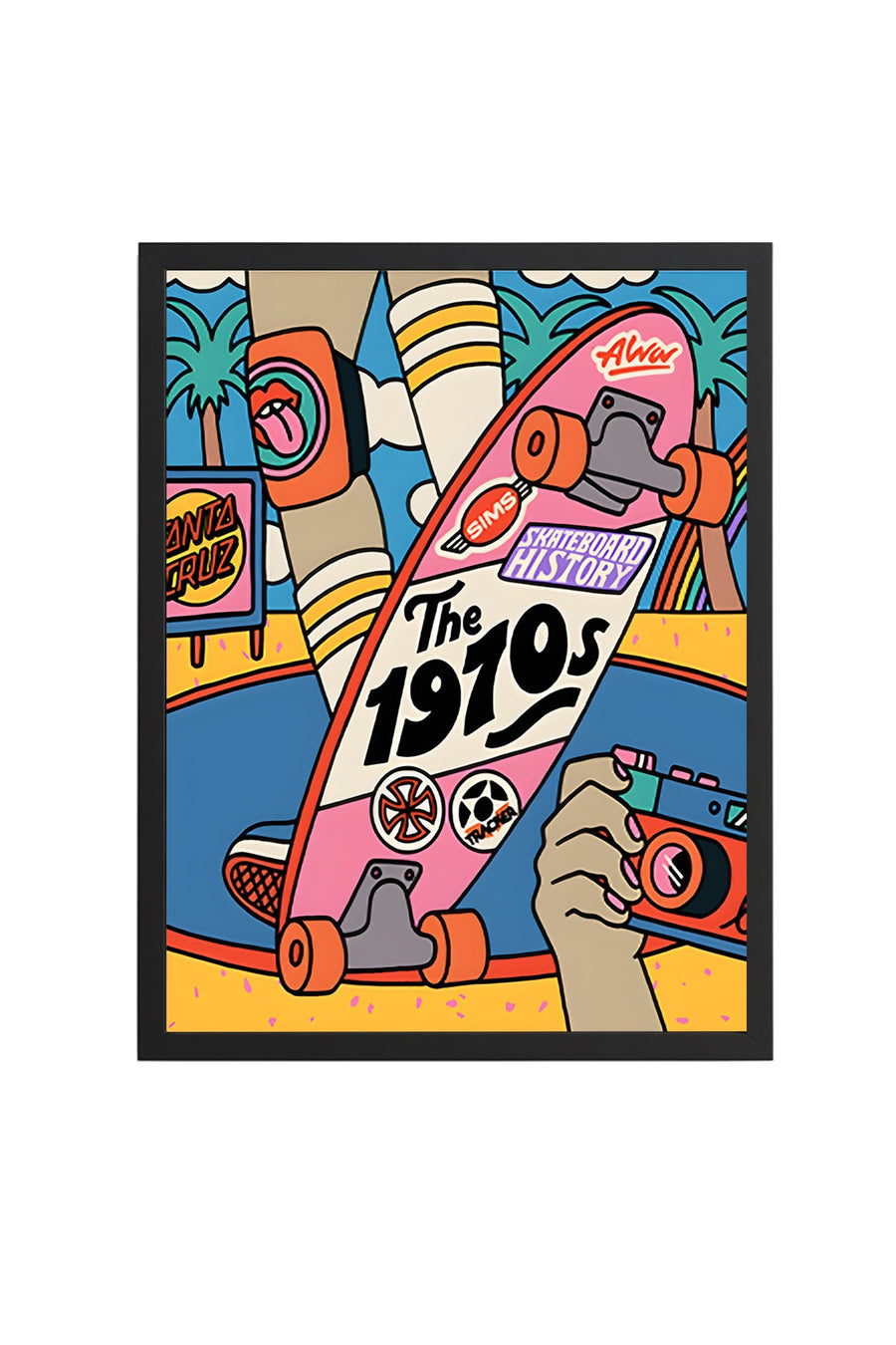 Doğal Ahşap Çerçeveli Retro Grafik Desenli Tablo - Skateboard | huhu1800