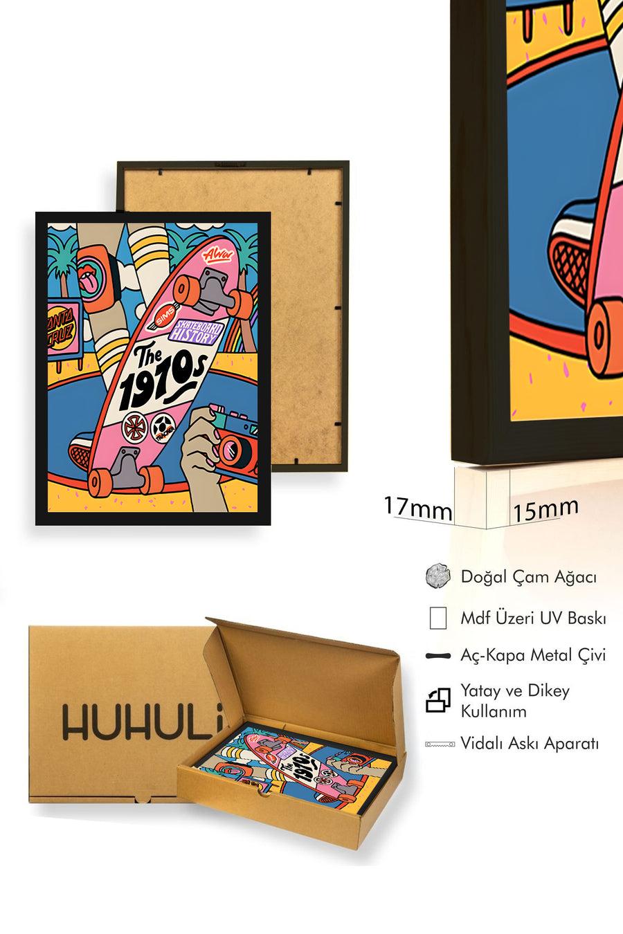 Doğal Ahşap Çerçeveli Retro Grafik Desenli Tablo - Skateboard | huhu1800