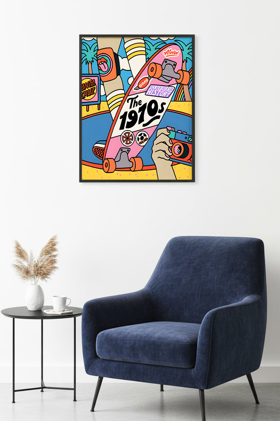 Doğal Ahşap Çerçeveli Retro Grafik Desenli Tablo - Skateboard | huhu1800
