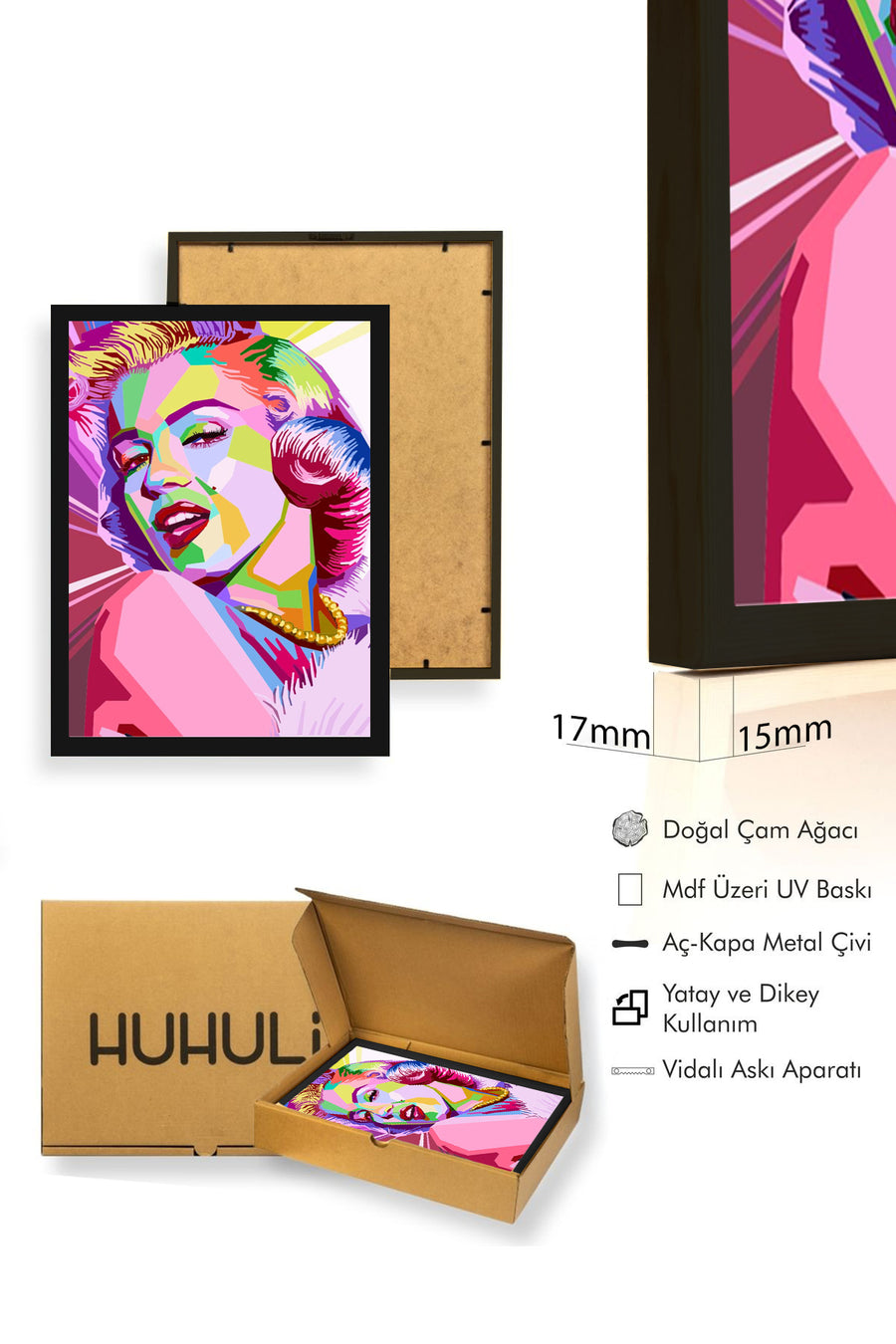Doğal Ahşap Çerçeveli Pop Art Desenli Tablo - Canlı Tonlar | huhu1805