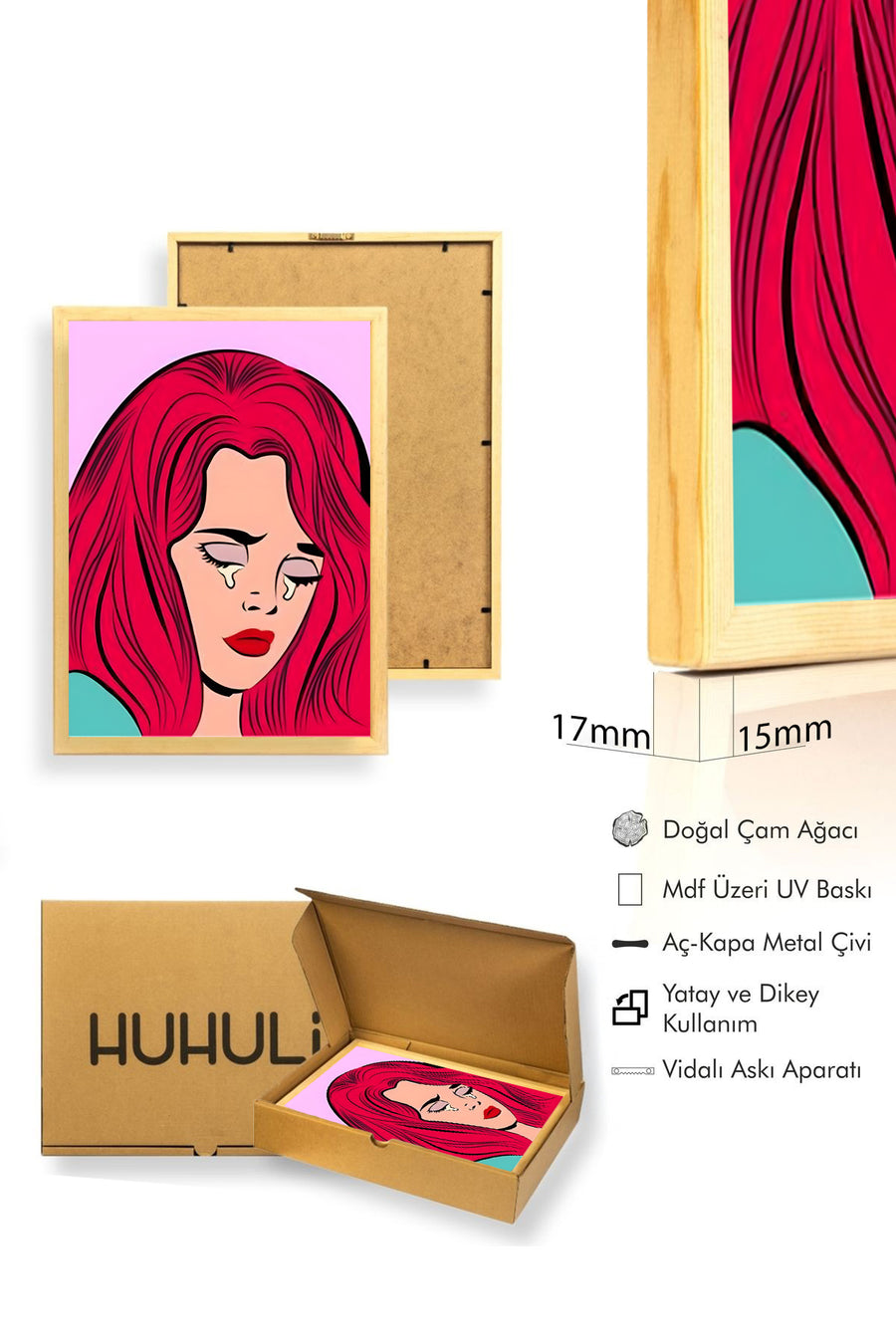 Doğal Ahşap Çerçeveli Pop Art Portre Tablo - Kırmızı Saçlı | huhu1809