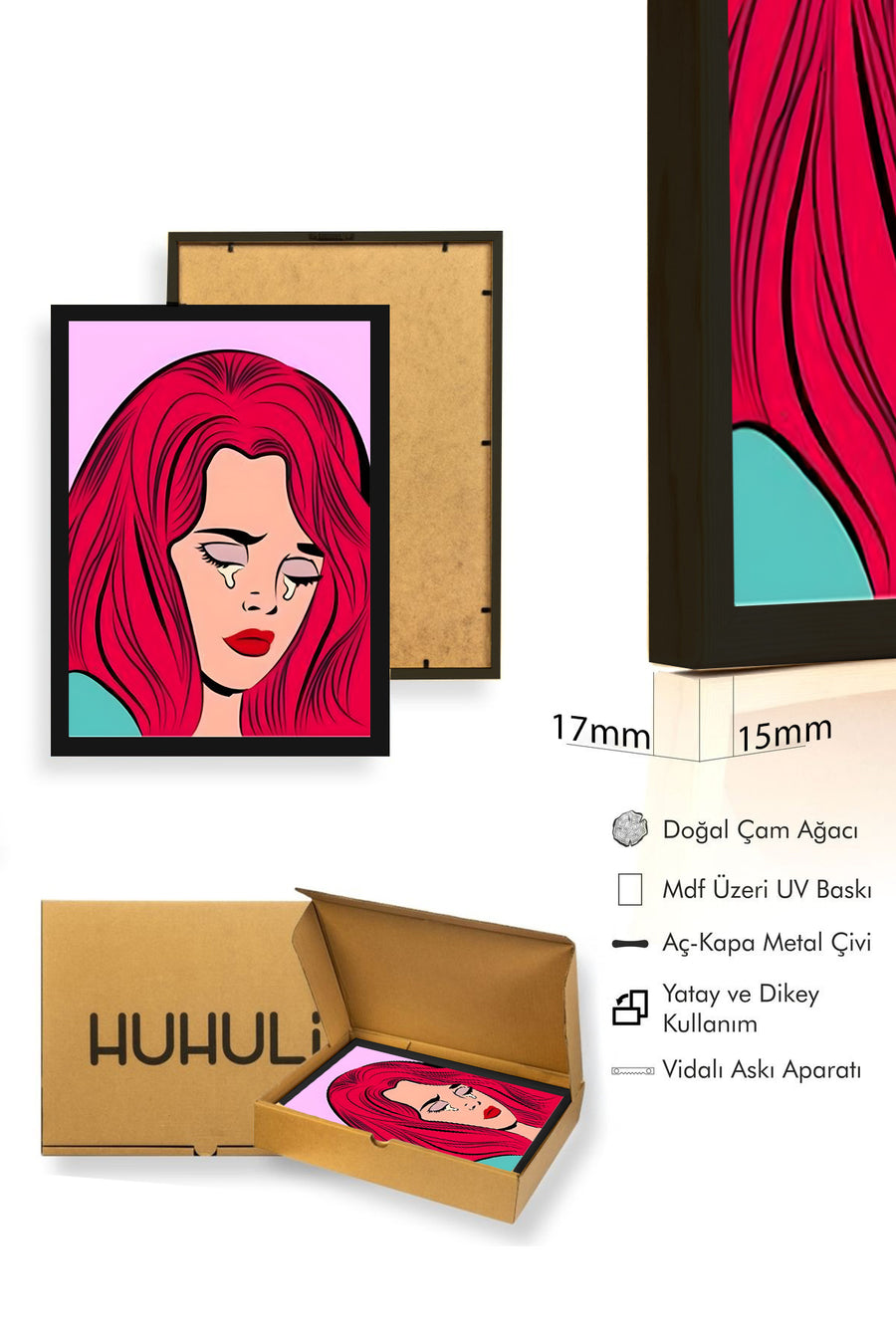 Doğal Ahşap Çerçeveli Pop Art Portre Tablo - Kırmızı Saçlı | huhu1809